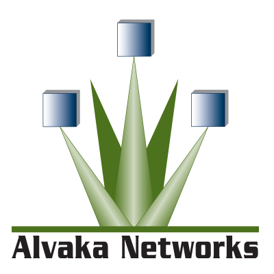 Logo of Alvaka Networks featuring three green, pointed shapes resembling leaves and three blue cubes above them, with the company name in text below. This corporate design symbolizes their commitment to innovation and excellence in partnership with SJC. Saint Joseph's College of Maine