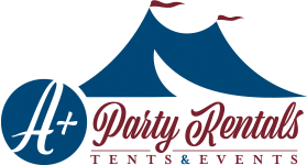 Logo for "A+ Party Rentals Tents & Events" featuring a stylized blue tent and red text, perfect for corporate partners seeking reliable event solutions. Saint Joseph's College of Maine