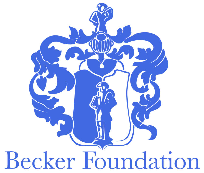 Blue coat of arms with a figure on top and another in the center, surrounded by ornate designs. Text below reads "Becker Foundation, Partners in Excellence. Saint Joseph's College of Maine