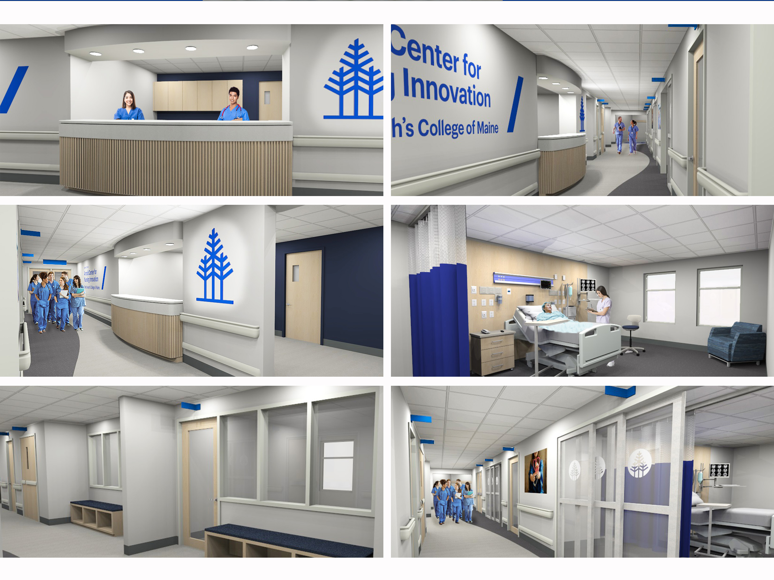 Collage of renderings for the new Jeanne Donlevy Arnold Center for Nursing Innovation at Saint Joseph's College of Maine