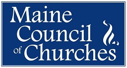 Image of the Maine Council of Churches logo, featuring white text and a stylized flame design on a blue background, representing its connection with the Center for Faith and Spirituality. Saint Joseph's College of Maine