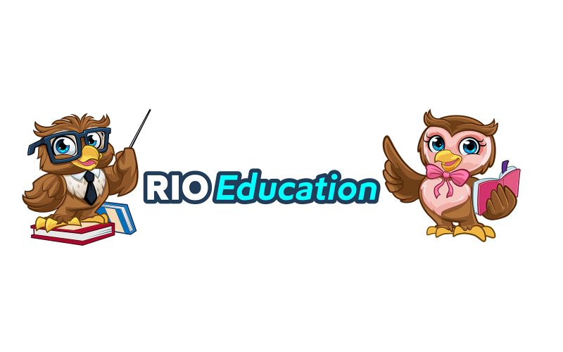 Logo of RIO Education featuring two cartoon owls, one holding a pointer and books, and the other holding a book, symbolizing educational partners. Saint Joseph's College of Maine