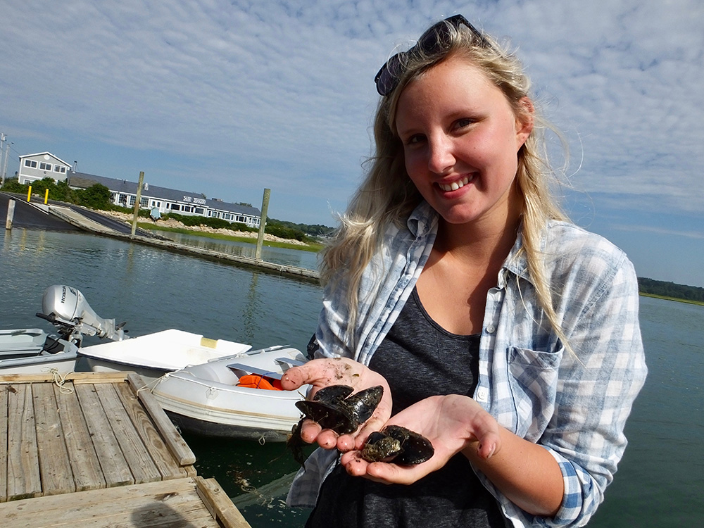 Brooke, a science student, holds some mussels she works with in Casco Bay.