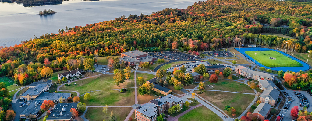 fall drone shot of campus
