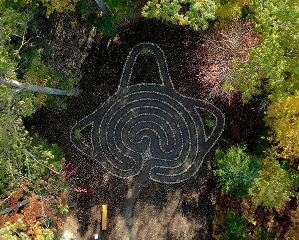 Drone shot of Julie's Path- a labyrinth on campus