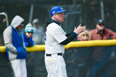 Baseball Head Coach Will Sanborn encourages his team